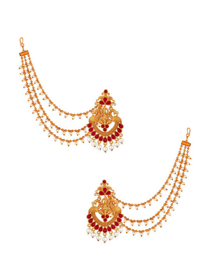 Aadita Red Gold-Toned & White Pearls Studded Contemporary Drop Earrings With Hair Chain