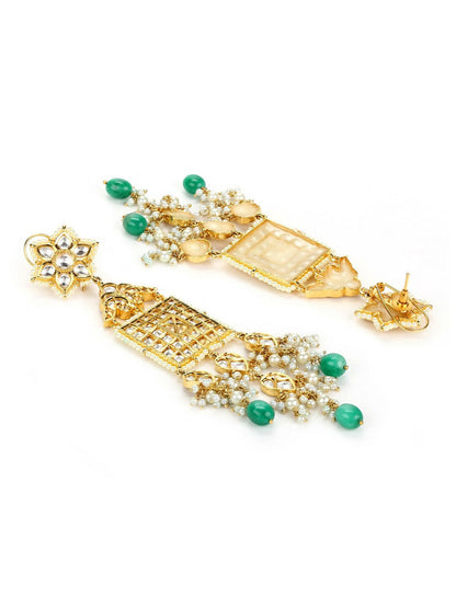 Long Kundan Earrings with Green Stone- Ruby Raang