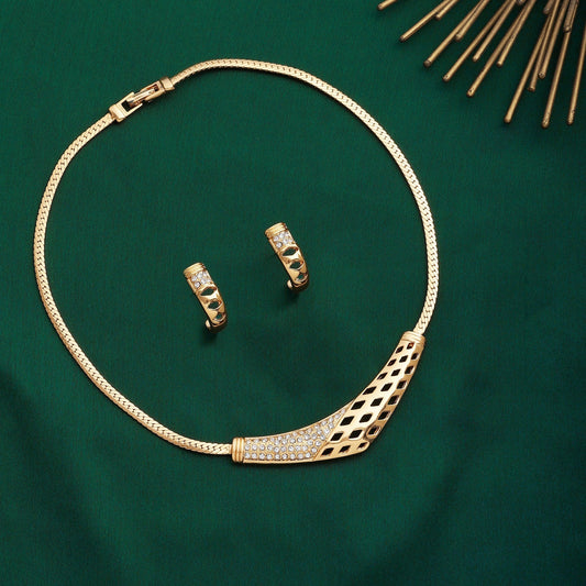 Estele Gold-Polished Boomerang Designer Necklace Set with White Austrian Crystals for Women