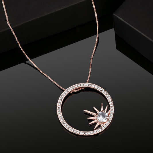 Estele Rose Gold-Polished Elegant White Crystals Adorned Circular Design Pendant Necklace with Chain for Girls & Women