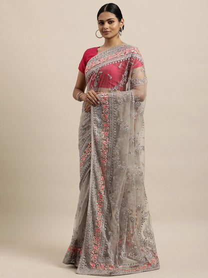 kasee Grey & Fuchsia Floral Embroidered Net Heavy Work Saree