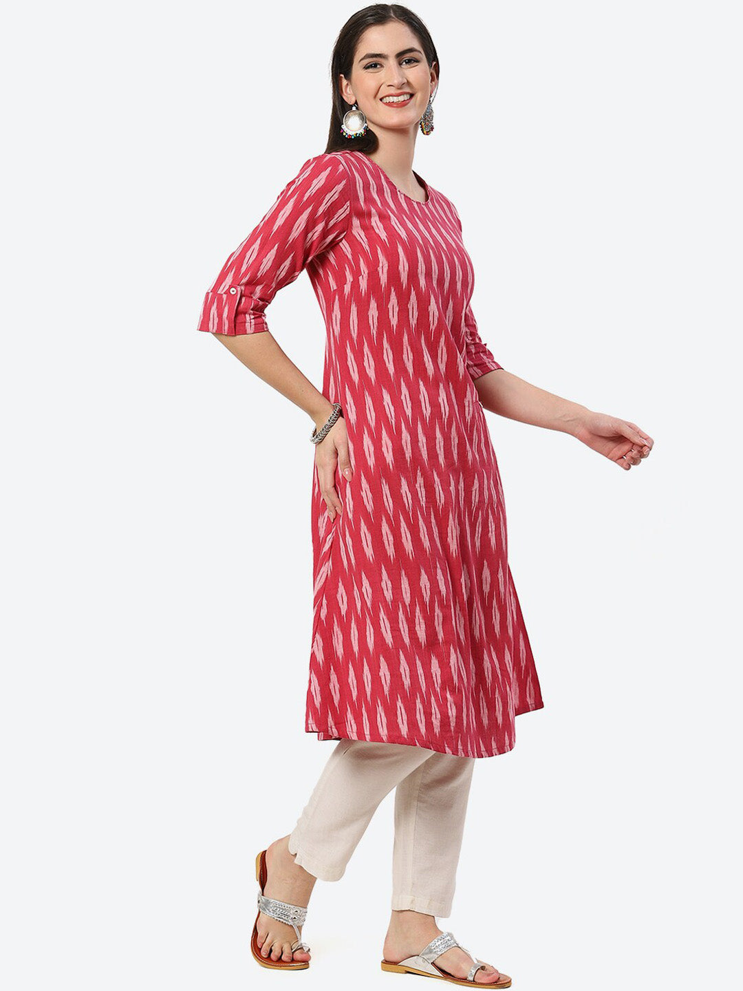 Biba Woven Design Ikat Roll Up Sleeves A-Line Pure Cotton Kurta