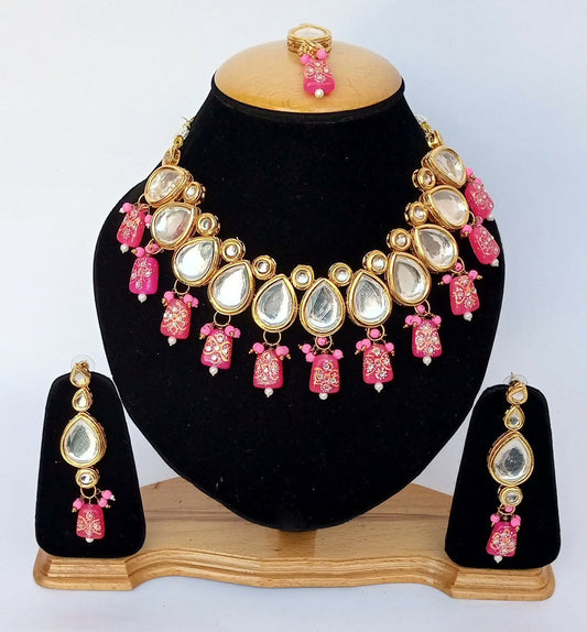 Joban Fashion Pink Kundan Work Necklace Set