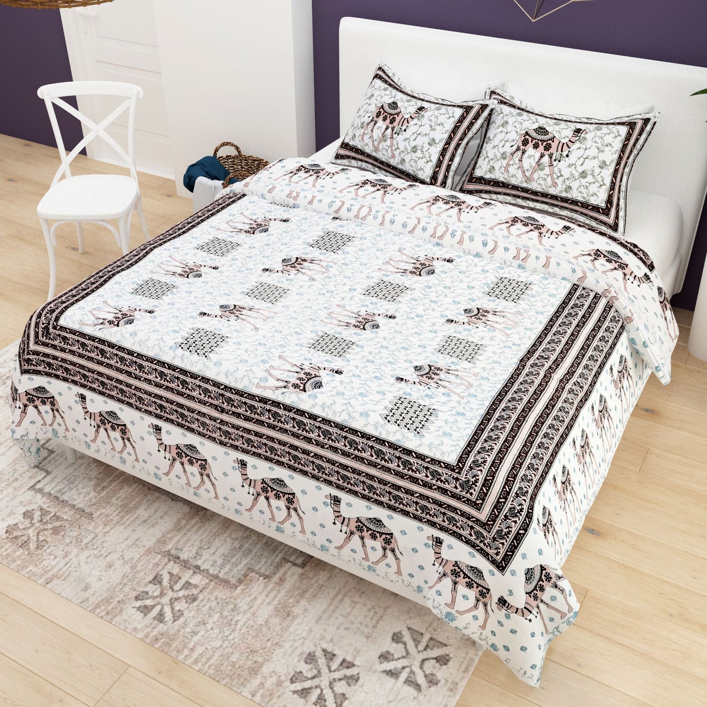 Blue White Ethnic Motifs Cotton 200TC King Bedsheet With 2 Zipper Pillow Covers - King Size by House of Ree