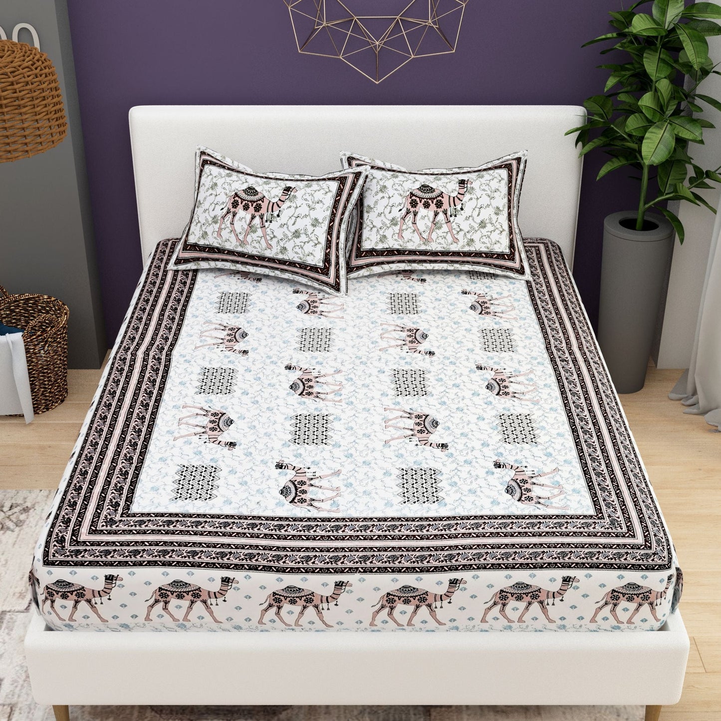 Blue White Ethnic Motifs Cotton 200TC King Bedsheet With 2 Zipper Pillow Covers - King Size by House of Ree