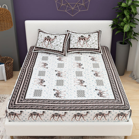 Blue White Ethnic Motifs Cotton 200TC King Bedsheet With 2 Zipper Pillow Covers - King Size by House of Ree