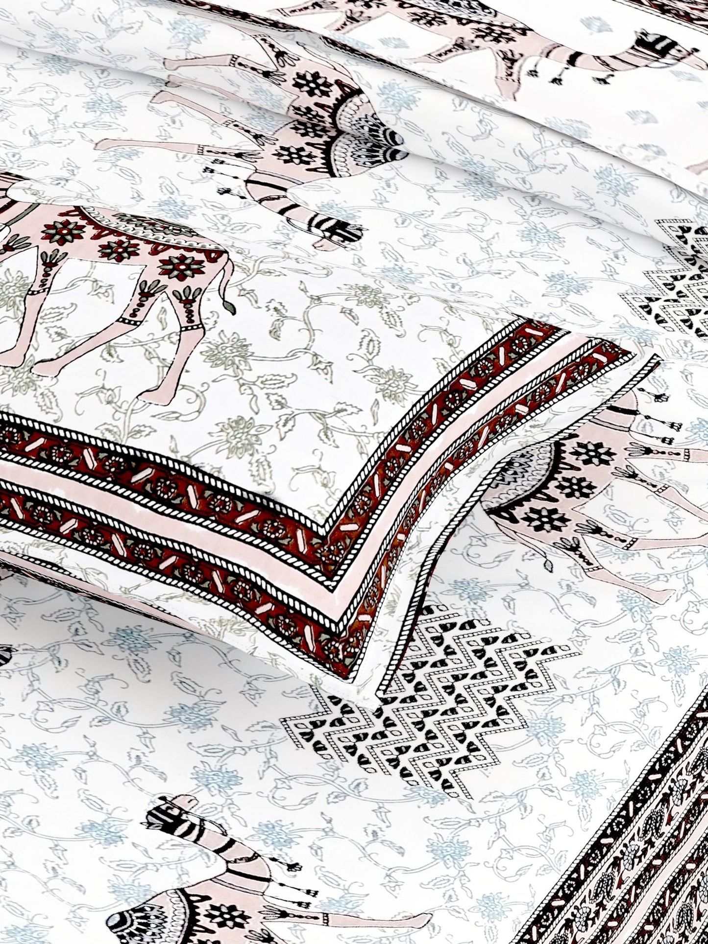 Blue White Ethnic Motifs Cotton 200TC King Bedsheet With 2 Zipper Pillow Covers - King Size by House of Ree