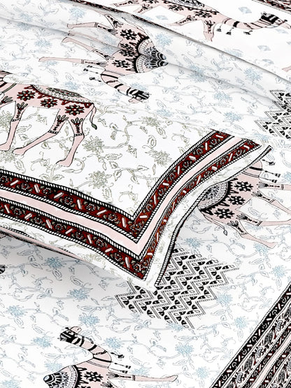 Blue White Ethnic Motifs Cotton 200TC King Bedsheet With 2 Zipper Pillow Covers - King Size by House of Ree