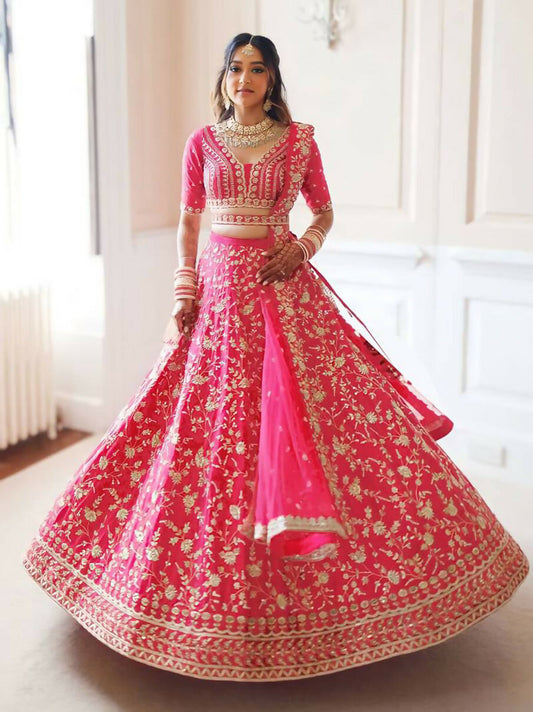 Jyoti Fashion Gajri Red Zari and Sequins Embroidered Malai Satin Silk Lehenga Choli with Dupatta