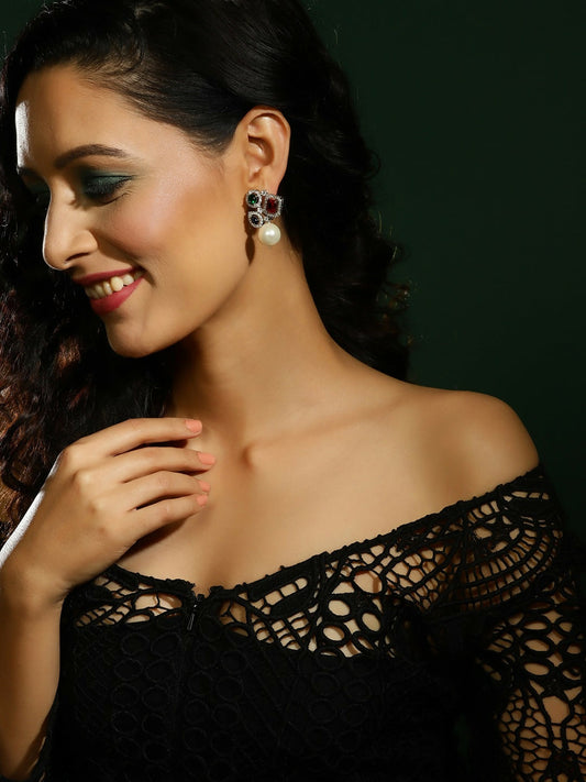 Multi Stone Earrings with Pearls- Ruby Raang