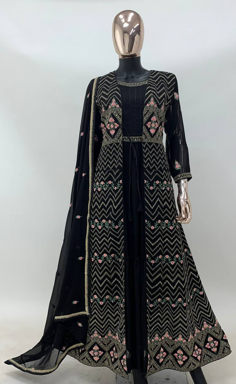 Lorenvalley Fashion Black Faux Georgette Embroidery Work Gown Jacket Stitched
