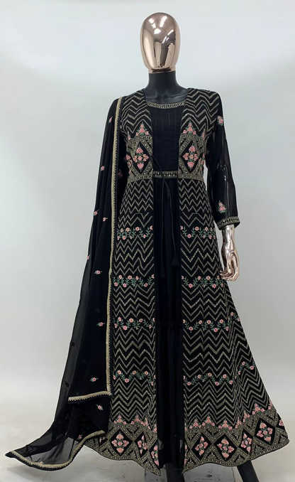 Lorenvalley Fashion Black Faux Georgette Embroidery Work Gown Jacket Stitched