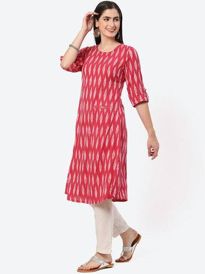 Biba Woven Design Ikat Roll Up Sleeves A-Line Pure Cotton Kurta