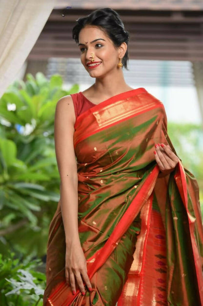Very Much Indian Pure Silk Yeola Handloom Green Red Dual Tone - Paithani Saree With Traditional Double Pallu