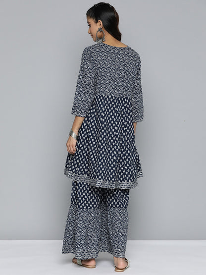 HERE&NOW Ethnic Motifs Printed Layered Gotta Patti Pure Cotton Kurta with Sharara