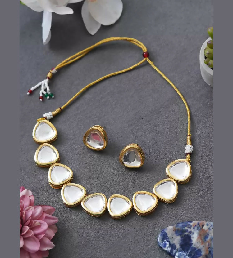 Joban Fashion Golden & White Kundan Work Necklace Set