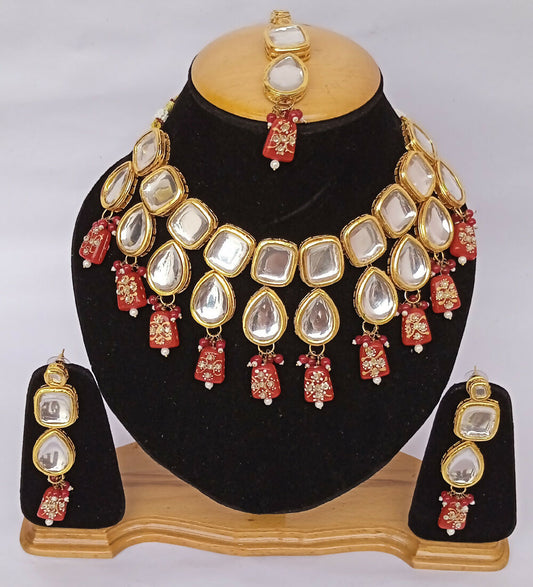 Joban Fashion Red Kundan Work Necklace Set