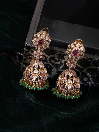 Ruby Raang Gold Polished Kundan Work Multi-Color Diamond And Stone Jhumka Earrings