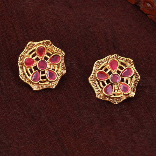 Estele Rose Gold-Polished CZ Peacock Designer Drop Earrings with Ruby Stones for Women