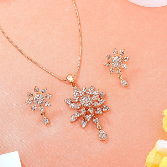 Estele Rose Gold-Polished Stunning Floral Designer Pendant Set with White American Diamonds for Girls & Women