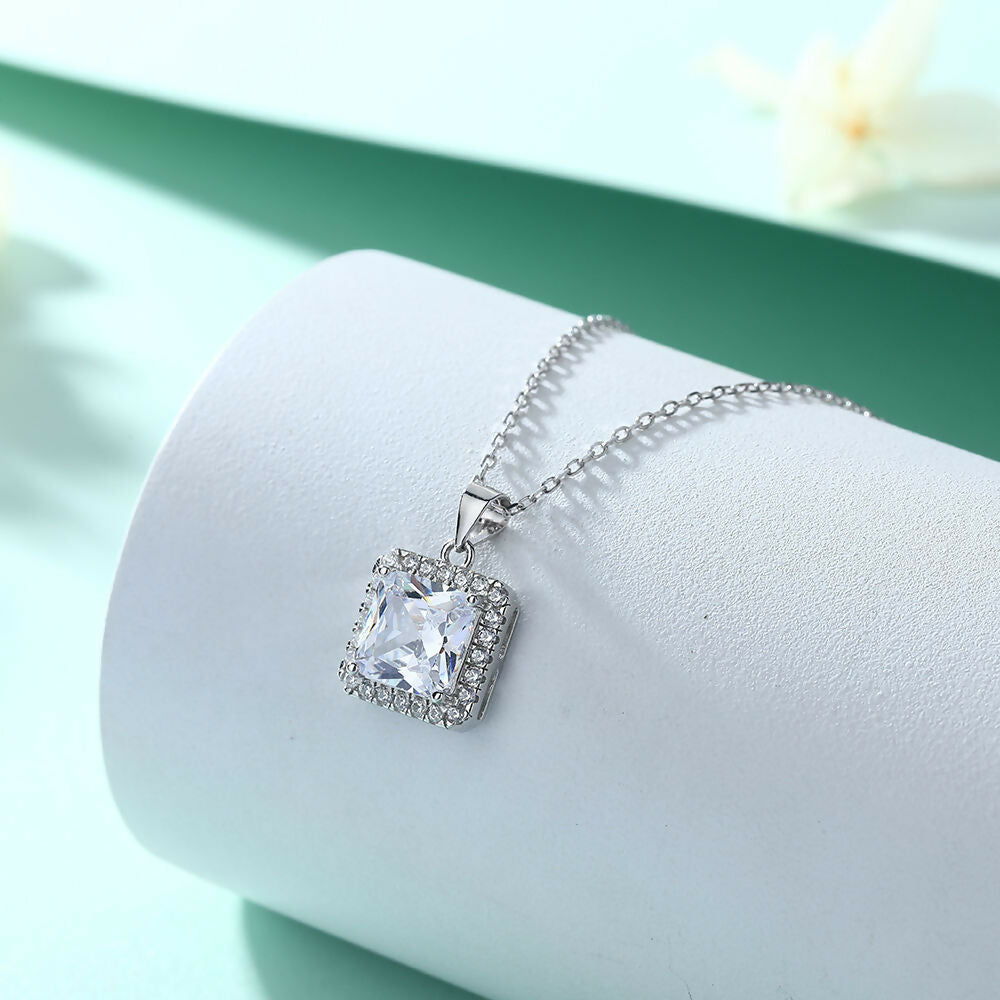 Cauer Radiant Moissanite Pendant Necklace in 925 Sterling Silver, White Gold Plated