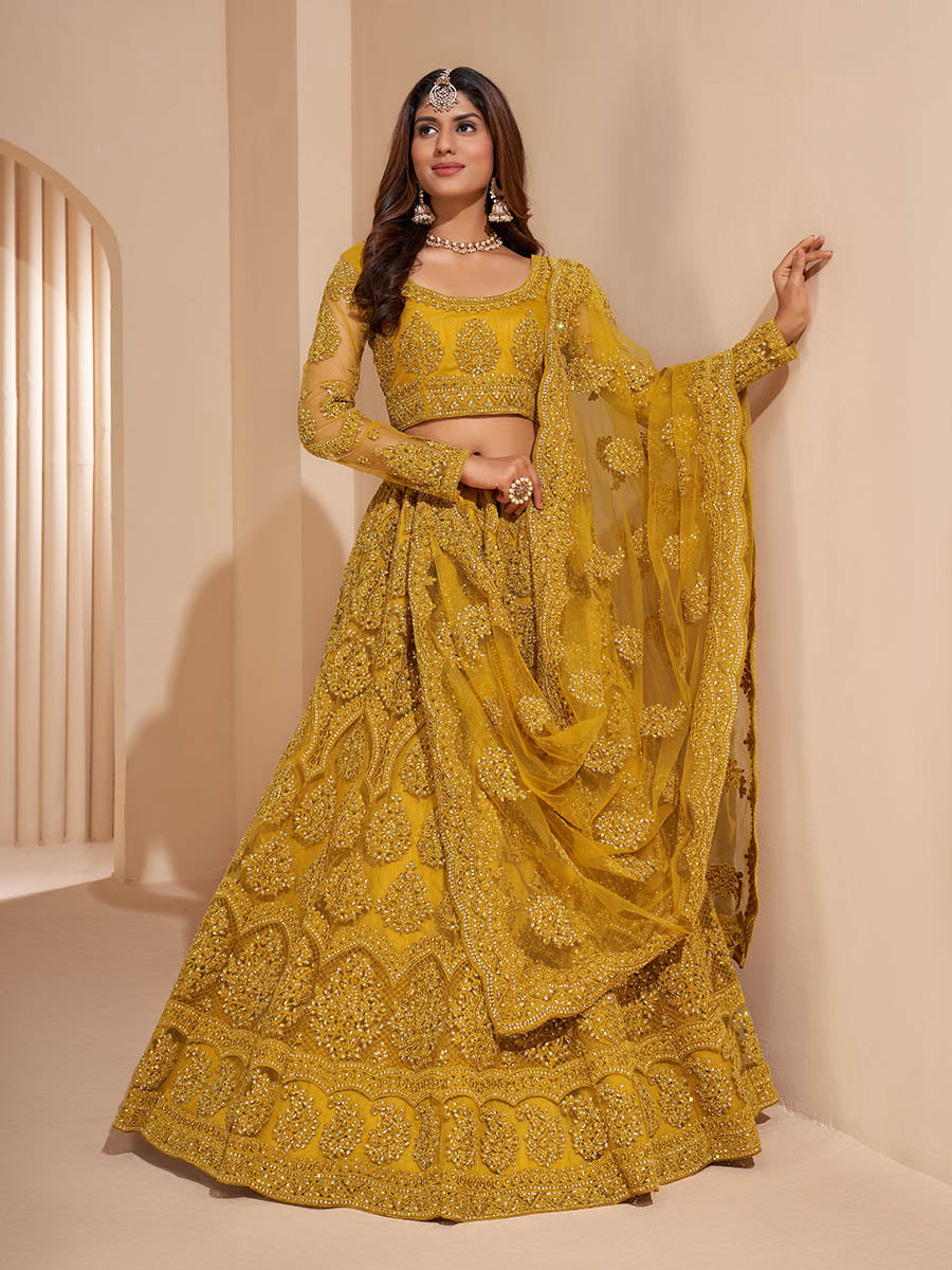 Myra Mustard Yellow Heavy Embroidered Designer Lehenga