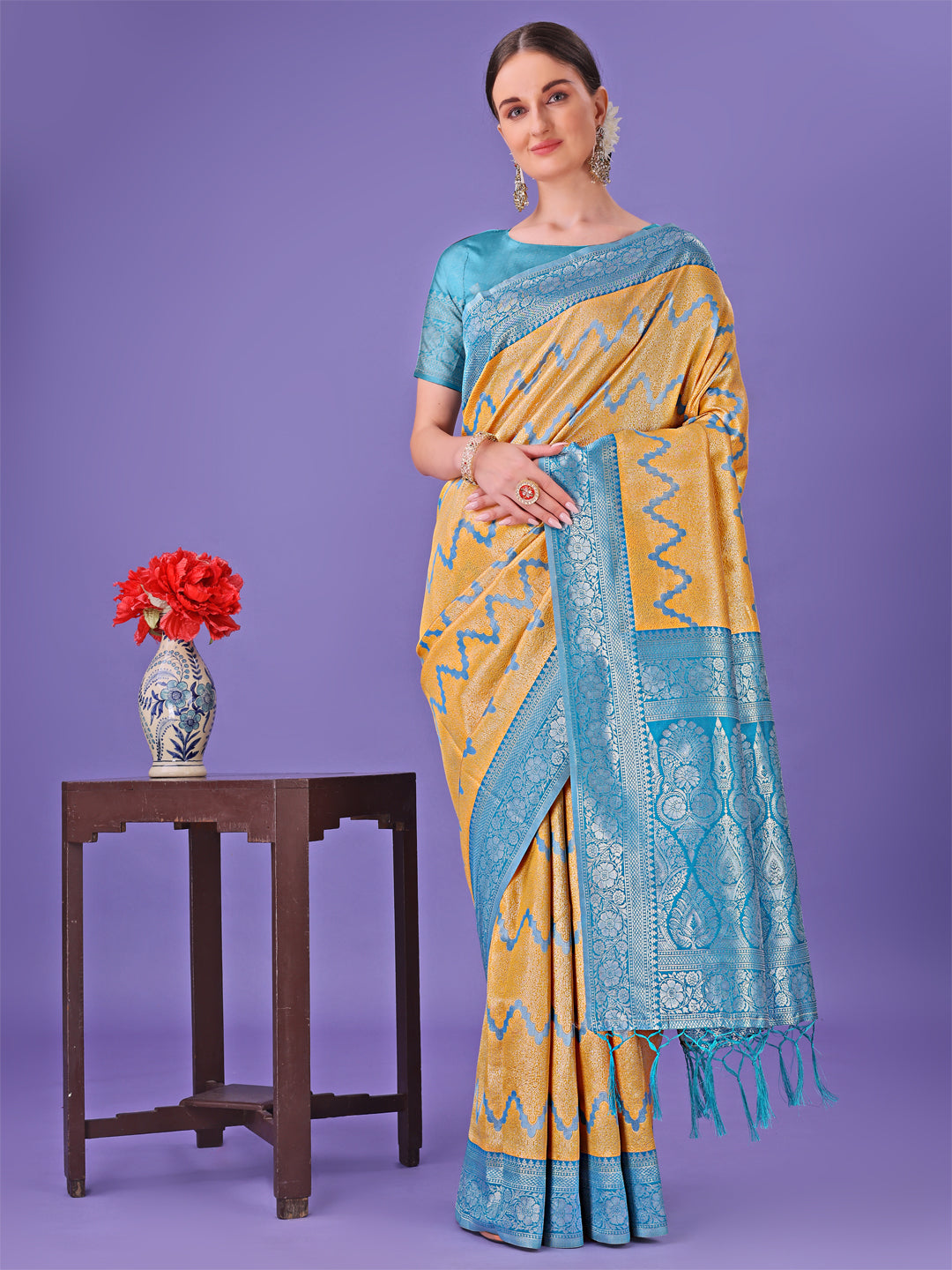 Astita Yellow & Sky Blue Lichi Silk Saree with Rich Woven Border and Zigzag Pattern - Wedding & Festive Wear