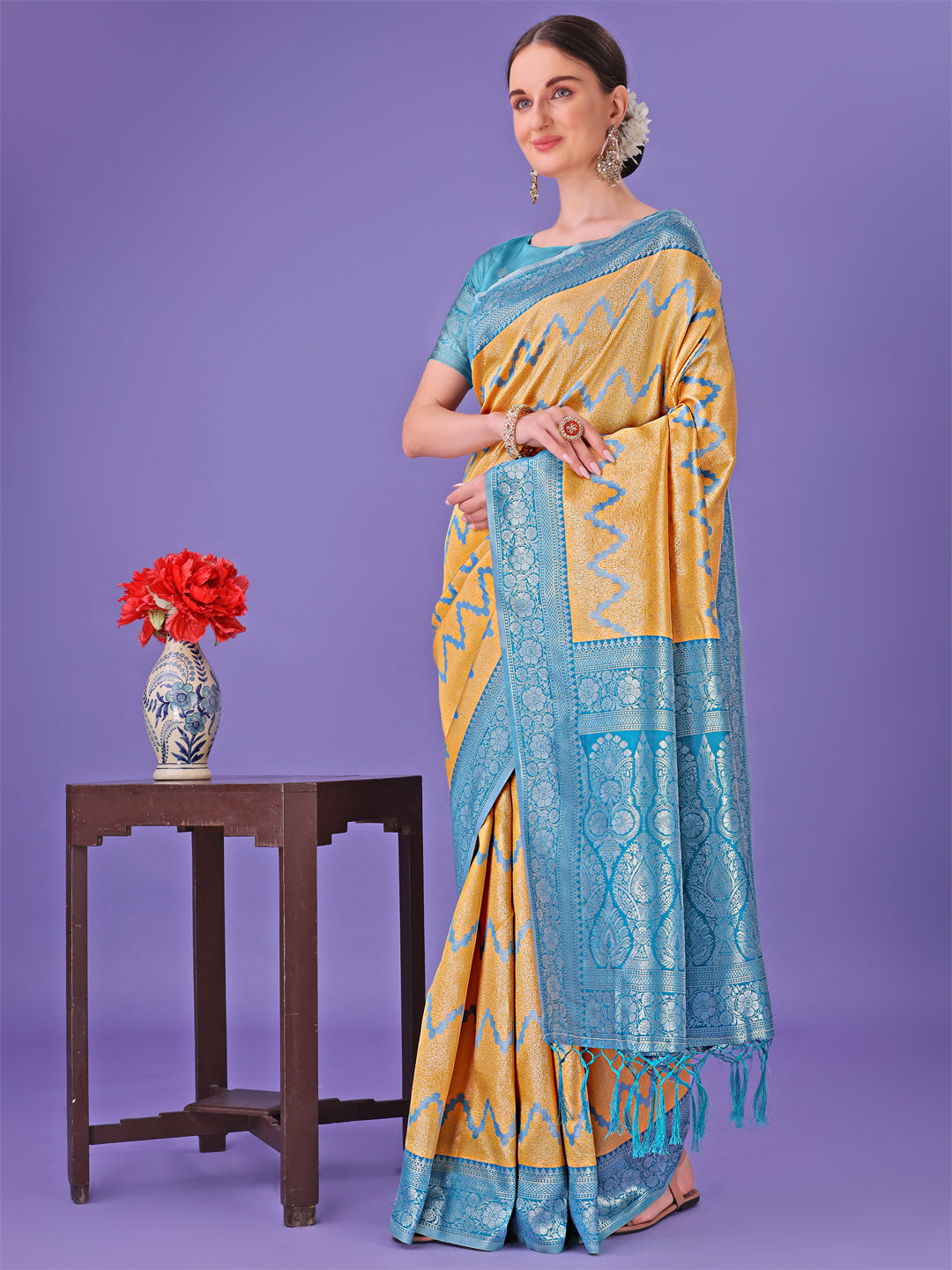 Astita Yellow & Sky Blue Lichi Silk Saree with Rich Woven Border and Zigzag Pattern - Wedding & Festive Wear