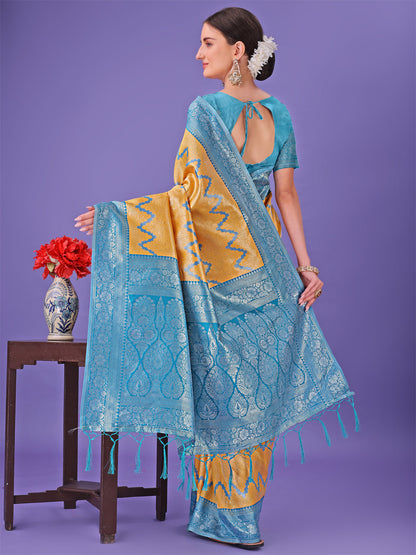 Astita Yellow & Sky Blue Lichi Silk Saree with Rich Woven Border and Zigzag Pattern - Wedding & Festive Wear