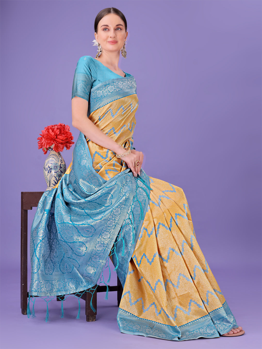 Astita Yellow & Sky Blue Lichi Silk Saree with Rich Woven Border and Zigzag Pattern - Wedding & Festive Wear