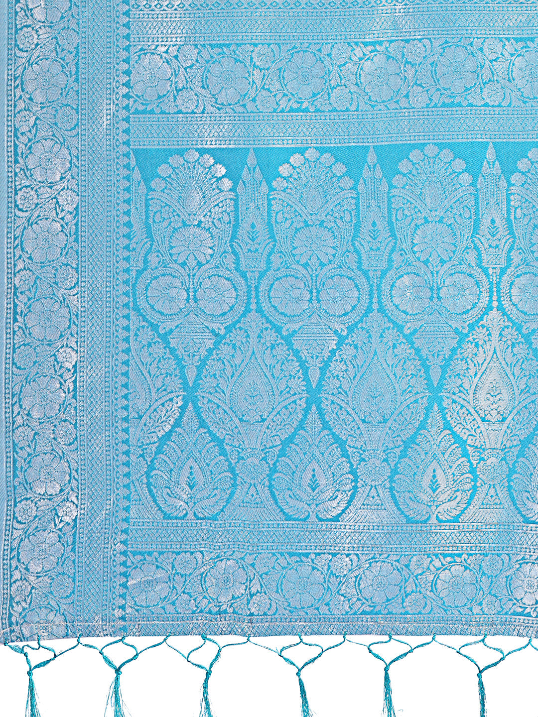 Astita Yellow & Sky Blue Lichi Silk Saree with Rich Woven Border and Zigzag Pattern - Wedding & Festive Wear