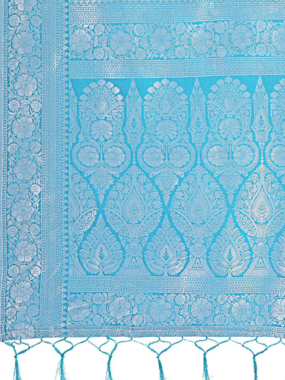 Astita Yellow & Sky Blue Lichi Silk Saree with Rich Woven Border and Zigzag Pattern - Wedding & Festive Wear
