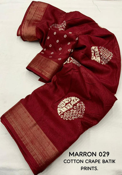 Maroon Cotton Crepe Batik Print Saree with Unstitched Blouse - Hiral Fashion