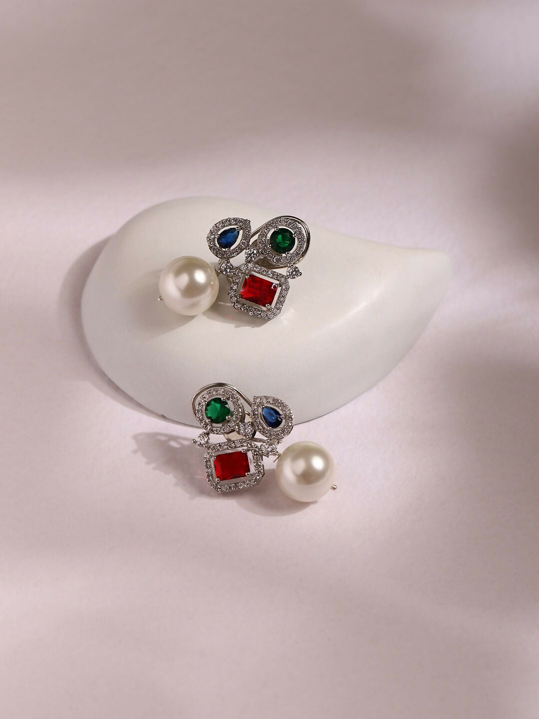 Multi Stone Earrings with Pearls- Ruby Raang