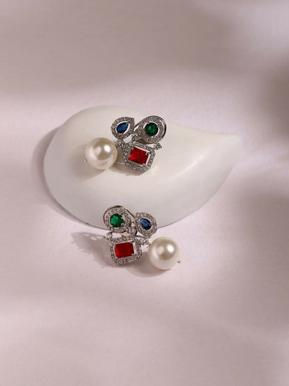 Multi Stone Earrings with Pearls- Ruby Raang