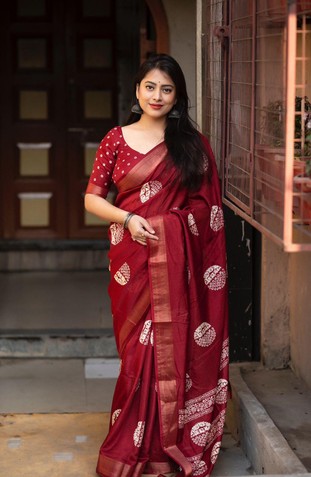 Maroon Cotton Crepe Batik Print Saree with Unstitched Blouse - Hiral Fashion