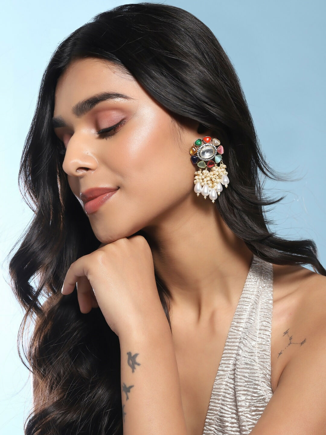 Navaratan Studs with Pearl Drops- Ruby Raang