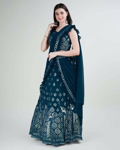Teal Georgette Sequence Embroidered Lehenga Choli with Dupatta - Tanya