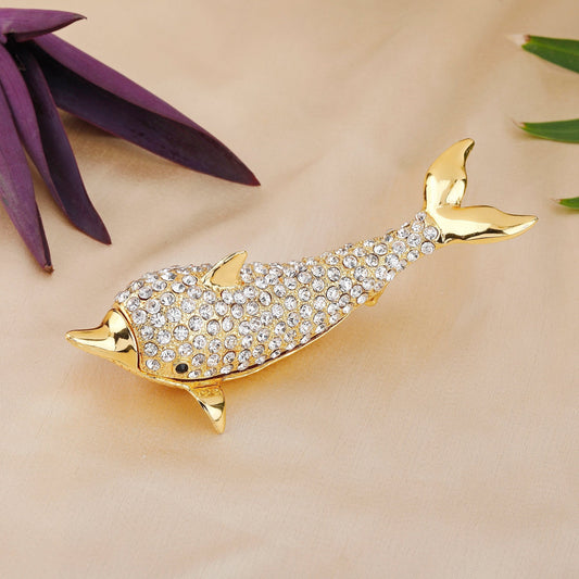 Estele Gold-Polished Marvelous Dolphin Idol with White Austrian Crystals for Home/Car Decor