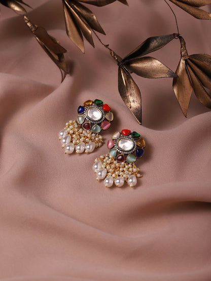 Navaratan Studs with Pearl Drops- Ruby Raang