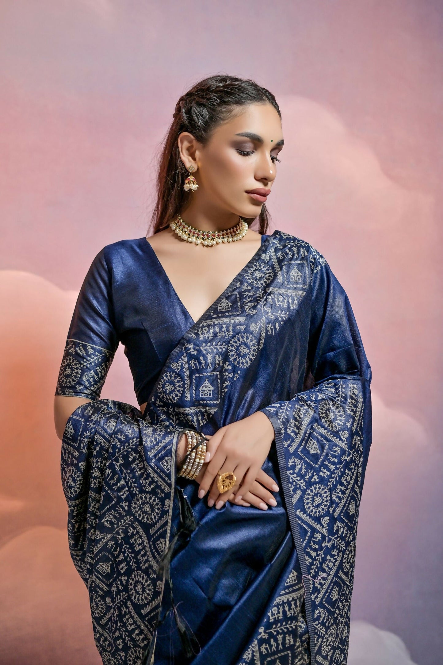 Vishnu Weaves Women's Navy-Blue Handloom Raw Silk Woven Border Saree with Blouse
