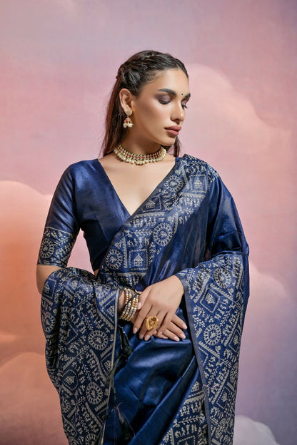 Vishnu Weaves Women's Navy-Blue Handloom Raw Silk Woven Border Saree with Blouse