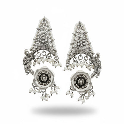 JS Fashion Oxidized Silver Flower Design Jhumka Earrings for Women