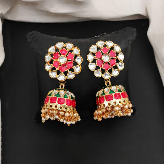 JS Fashion High Gold Meenakari Jhumka Earrings with Clustered Pearls – Fancy Traditional Party Wear Jewelry for Women