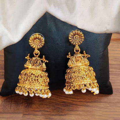 JS Fashion High Gold Plated Antique Jhumka Earrings – Traditional Ethnic Temple Jewelry for Women