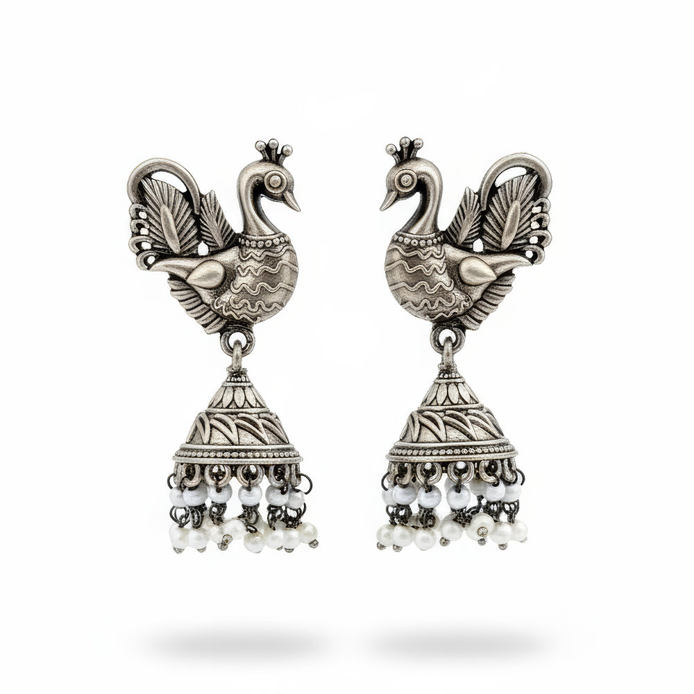 JS Fashion Peacock Design Oxidized Silver Jhumka Earrings for Women