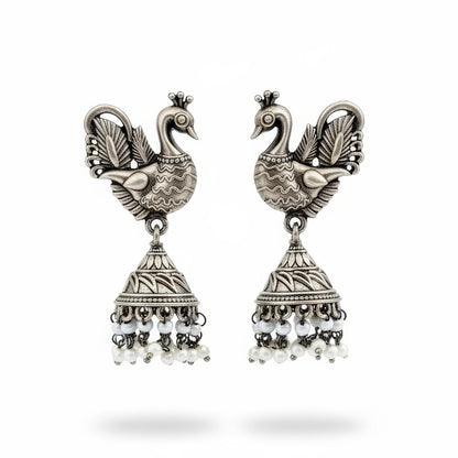 JS Fashion Peacock Design Oxidized Silver Jhumka Earrings for Women