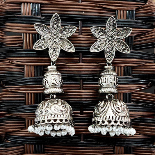 JS Fashion Oxidized Silver Flower Design Jhumka Earrings for Women