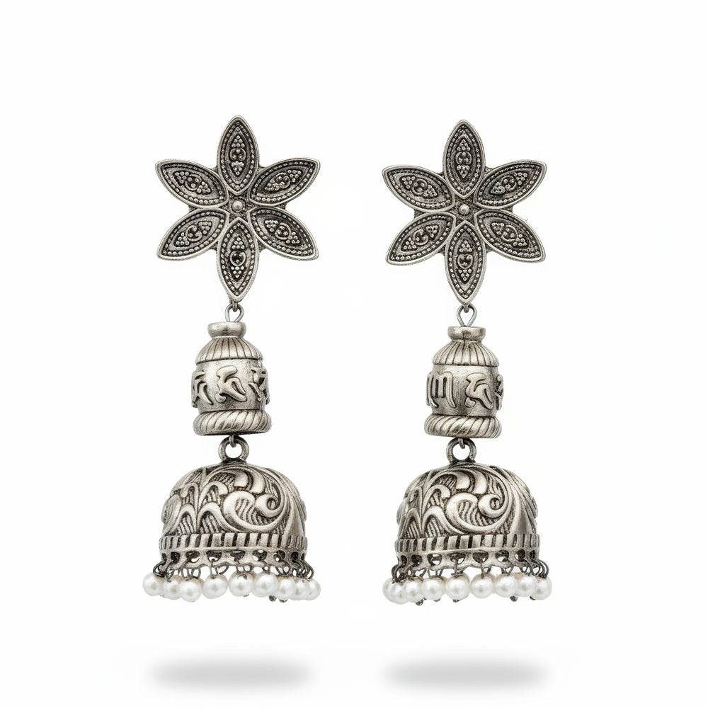 JS Fashion Oxidized Silver Flower Design Jhumka Earrings for Women