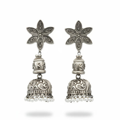 JS Fashion Oxidized Silver Flower Design Jhumka Earrings for Women